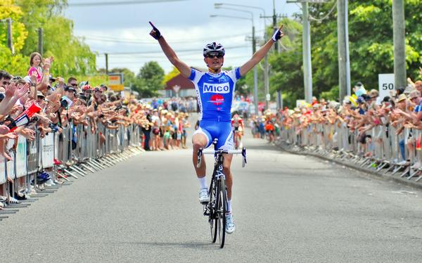 Michael Vink celebrates victory in the RaboDirect national Road Cycling Championships in Christchurch today.